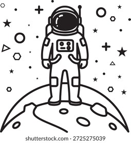 astronauta explorando Alien Planet Landscape Silhueta Ícone Vetor Mundo Extraterrestre Terreno Espaço Símbolo Sci Fi Sign Illustration	