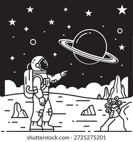 astronauta explorando Alien Planet Landscape Silhueta Ícone Vetor Mundo Extraterrestre Terreno Espaço Símbolo Sci Fi Sign Illustration