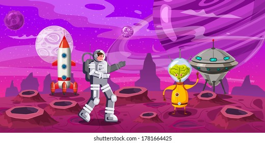 Astronaut exploring alien planet rocket. Contact with a alien UFO. Cosmonaut scientific traveler character on a rocky surface in far galaxy. Cartoon flat style vector illustration banner