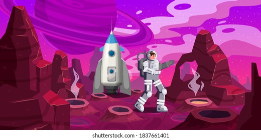 Astronaut exploring alien planet rocket. Cosmonaut scientific traveler character on a rocky surface in far galaxy. Cartoon flat style vector illustration banner