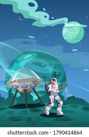 Astronaut exploring alien planet starship. Cosmonaut scientific traveler character on a rocky surface in far galaxy. Cartoon flat style vector illustration banner