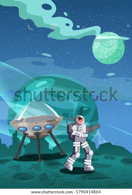 Astronaut exploring alien\
planet starship. Cosmonaut scientific traveler character on a rocky\
surface in far galaxy. Cartoon flat style vector illustration\
banner