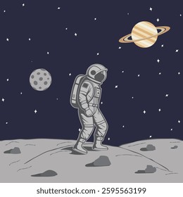 Astronaut Exploring the Grey Planet with Ring Planet in the Background