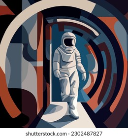 Astronaut exploring Jupiter, Artistic depiction of a space explorer discovering the mysteries of Jupiter in an art deco style vector poster