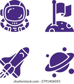 Astronaut exploring lunar surface, planting flag, with rocket and planet in background