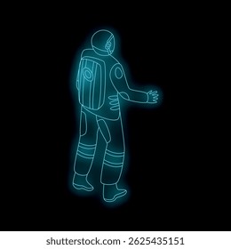 Astronaut exploring new planets, wearing a futuristic spacesuit with glowing neon effect, on a spacewalk mission