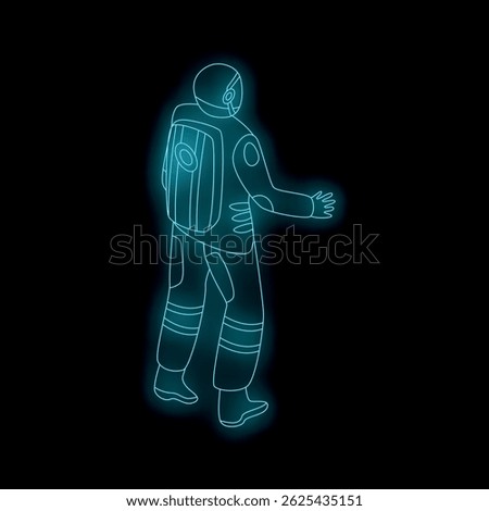 Astronaut exploring new planets, wearing a futuristic spacesuit with glowing neon effect, on a spacewalk mission