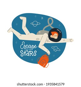Astronaut exploring outer space. Comic Cosmonaut in spacesuit performing extravehicular activity or spacewalk against stars and planets Human spaceflight. Modern colorful vector illustration.