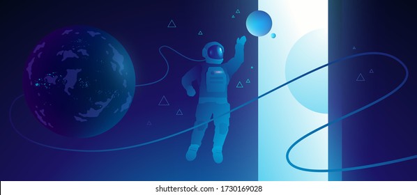 Astronaut exploring outer space. Cosmonaut in outer space flies to an open portal and touches a glowing sphere. Futuristic sci-fi illustration