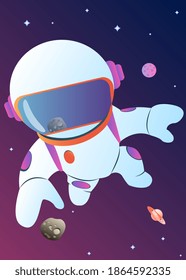 Astronaut exploring outer space. Cosmonaut in spacesuit performing extravehicular activity or spacewalk against stars and planets in background. Human spaceflight. Modern colorful vector illustration.