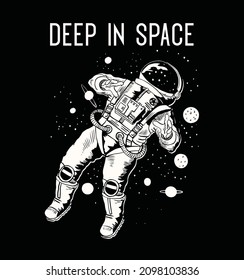Astronaut exploring outer space. Cosmonaut in spacesuit performing extravehicular activity or spacewalk against stars and planets in background. Human spaceflight.