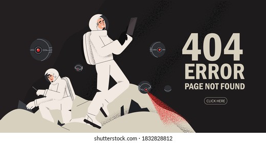 Astronaut exploring outer space and distant planets. Cosmonaut in spacesuit searching life and doing research. Human spaceflight. Modern vector illustration. 404 page not found error concept banner.