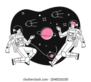 Astronaut exploring outer space. Man and woman in spacesuits fly in outer space between planets and satellites. Astronauts study universe. Cartoon flat vector illustration isolated on white background