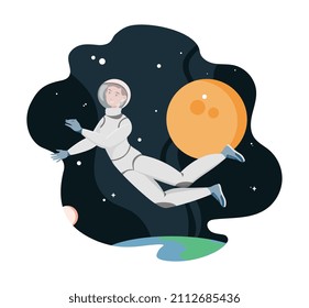 Astronaut exploring outer space. Young guy in spacesuit on background of planet. Exploration of new galaxies, stars and comets. Poster or banner for website design. Cartoon flat vector illustration