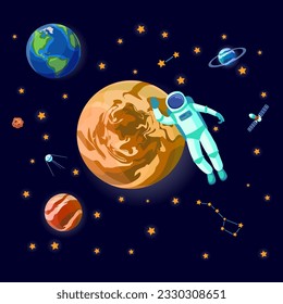 Astronaut exploring space and galaxy vector illustration. People discovering Venus and Jupiter, satellite flying among different stars and planets. Flight into space, science concept