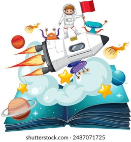 Astronaut exploring space from an open book