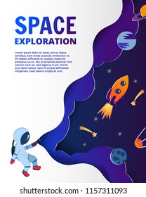 Astronaut exploring space. Paper cut style of vector illustration. Planets, rockets, comets in the sky, start up business concept and exploration idea. Universe. space. space trip.