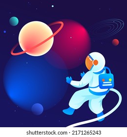 Astronaut is exploring space with universe and planets in the background, vector illustration