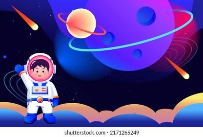 Astronaut is exploring space with universe and planets in the background, vector illustration