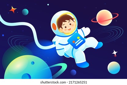 Astronaut is exploring space with universe and planets in the background, vector illustration