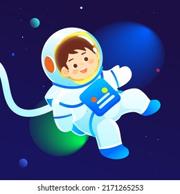 Astronaut is exploring space with universe and planets in the background, vector illustration