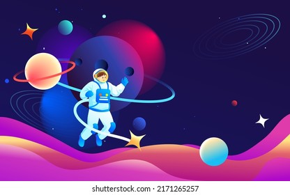 Astronaut is exploring space with universe and planets in the background, vector illustration
