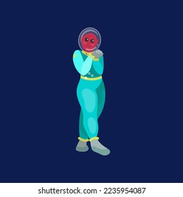 Astronaut expressing admiration on dark blue background. Alien character in space suit cartoon illustration. Futuristic, UFO concept