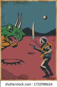 Astronaut, Extraterrestrial Monster, Planet Surface, Space Rocket. Retro Future Sci Fi Illustration Stylization 
