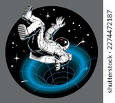 Astronaut falling or being sucked into a black hole. Comic book style vector illustration.