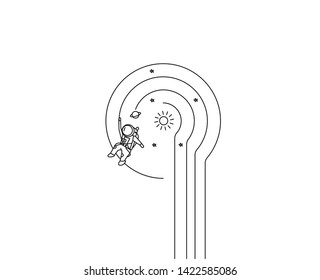 Astronaut falling down in a cosmos - Flat Line Art Design Illustration.