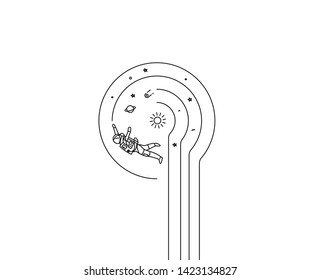 Astronaut falling down in a cosmos - Flat Line Art Design Illustration.