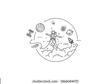 Astronaut falling down in a cosmos - Flat Line Art Design Illustration.