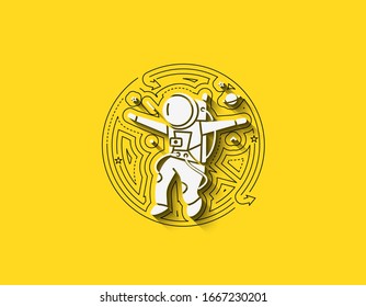 Astronaut falling down - Flat circle Line Art Design Illustration.