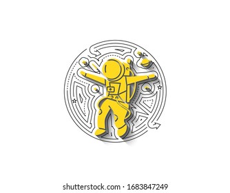 Astronaut falling down - Flat circle Line Art Design Illustration.