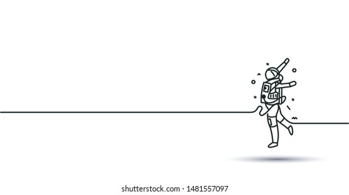 Astronaut falling down in a space - Flat Line Art Design Illustration.