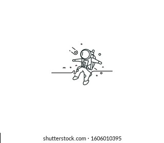 Astronaut falling down in a space - Flat Line Art Design Illustration.