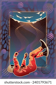 Astronaut falling in outer Space, Abyss and Spaceman, Poster Template with Geometric Shapes and Psychedelic Colors 