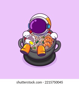 The astronaut is falling to the ramen soup on pan while it is cooked of illustration