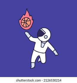 Astronaut with fire basketball, illustration for t-shirt, sticker, or apparel merchandise. With retro cartoon style.