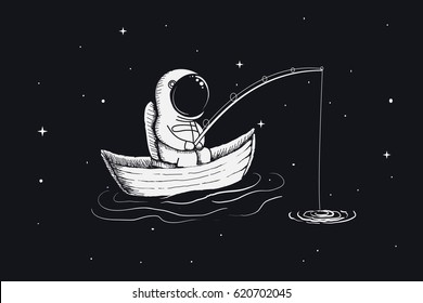 astronaut fisherman is fishing in space .Hand drawn style.Abstract vector illustration