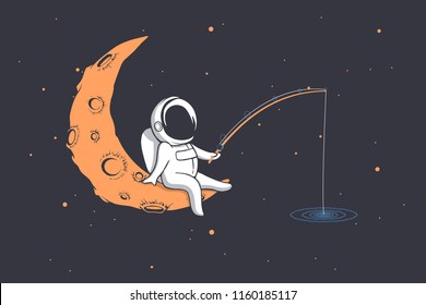 Astronaut fischen im Weltraum, sitzend auf dem Halbmond.Cartoon, Vektorgrafik