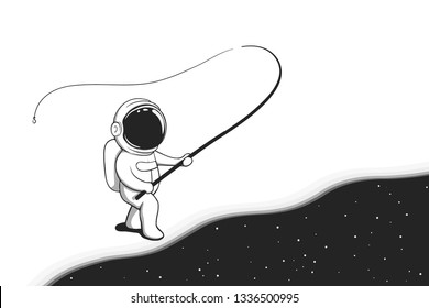 astronaut is fishing in the cosmic sea . Space fisher.Fantasy style.Vector image