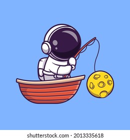 Astronaut Fishing Moon On Boat Cartoon Vector Icon Illustration. Science Holiday Icon Concept Isolated Premium Vector. Flat Cartoon Style