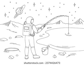 Astronaut fishing on alien planet graphic black white space landscape sketch illustration vector