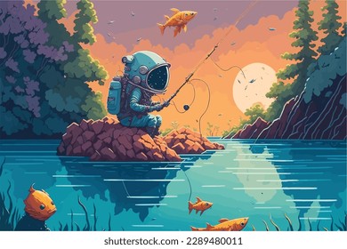 Astronaut fishing on the moon, with the planets in the distance. The astronaut represents human courage and exploration, while the image inspires wonder and awe for the beauty 