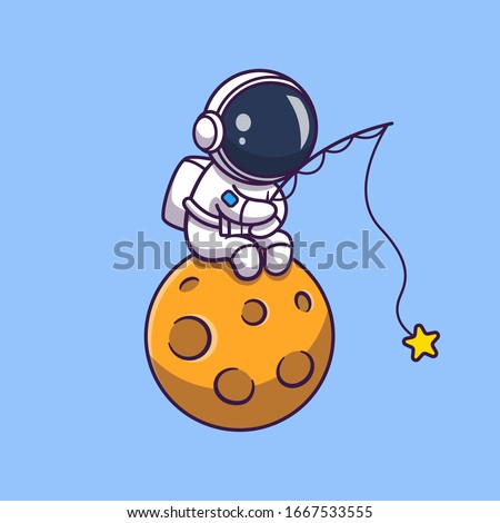 Astronaut Fishing On Moon Vector Icon Illustration. Spaceman Mascot Cartoon Character. Science Icon Concept Isolated. Flat Cartoon Style Suitable for Web Landing Page, Banner, Flyer, Sticker, Card