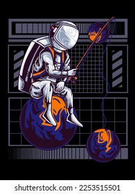 astronaut fishing in space, modern vector illustration, suitable for print on t-shirts, apparel, merchandise, hoodies, clothes, stickers, posters.
