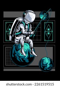 astronaut fishing in space, modern vector illustration, suitable for print on t-shirts, apparel, merchandise, hoodies, clothes, stickers, posters.