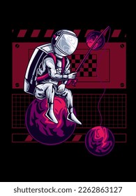 astronaut fishing in space, modern vector illustration, suitable for print on t-shirts, apparel, merchandise, hoodies, clothes, stickers, posters.