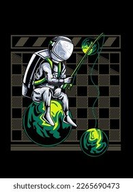 astronaut fishing in space, modern vector illustration, suitable for print on t-shirts, apparel, merchandise, hoodies, clothes, stickers, posters.